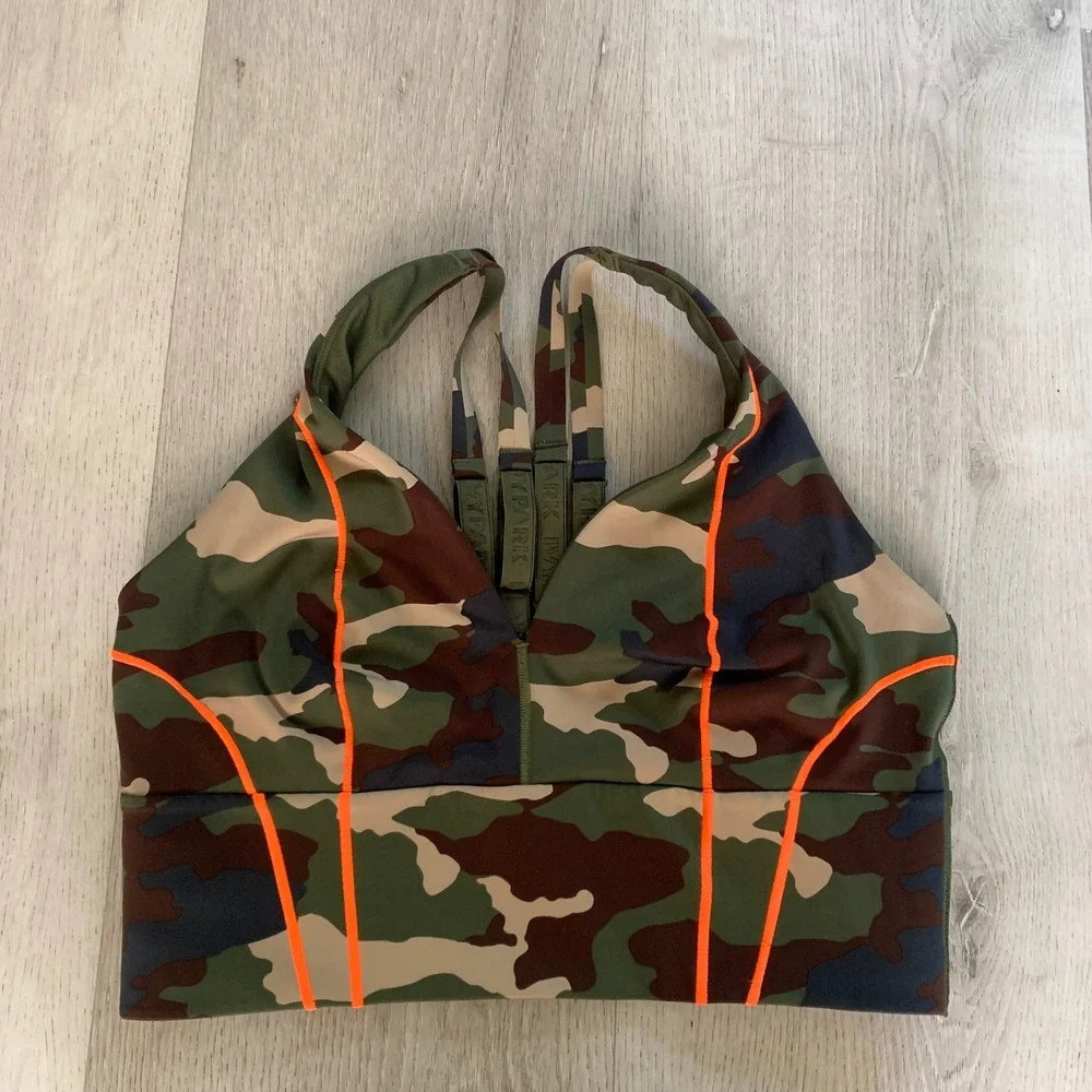 Adidas x Ivy Park Camo Sports Bra Neon Orange Piping Green Brown Camouflage